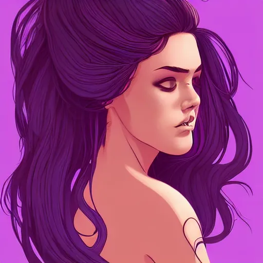 Prompt: a stunning upper body portrait of a beautiful woman with ombre hairstyle in purple and pink blowing in the wind by marvel comics, digital art, trending on artstation