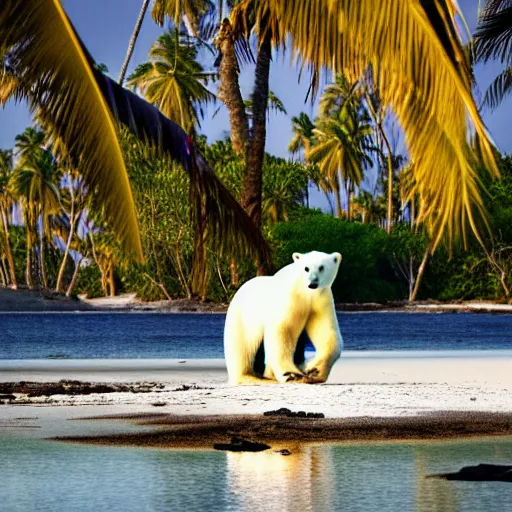 Image similar to a photo of a really skinny polar bear on a tiny pacific island, beautiful desert island with coconut trees, ultra detailed, 50mm f/1.4, national geographic