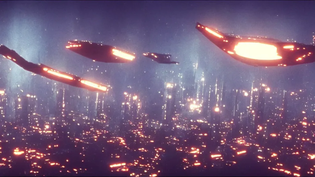 Image similar to spaceship flying over city, a screenshot of blade runner