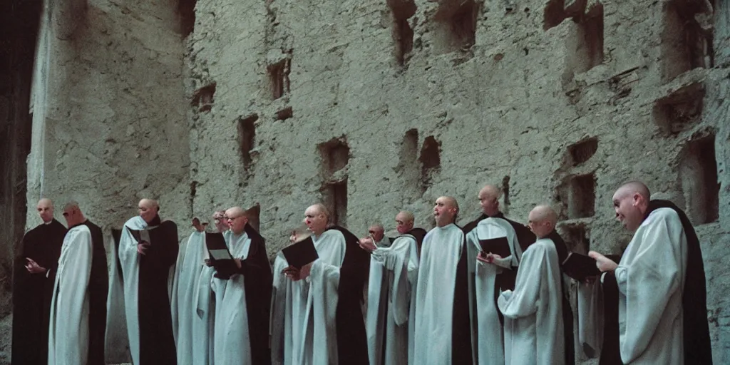 Prompt: robed benedictine monks sing in a boreal crumbling stone gothic brutalist monastery kodak portra ektachrome, chromatic aberration, film grain, bokeh