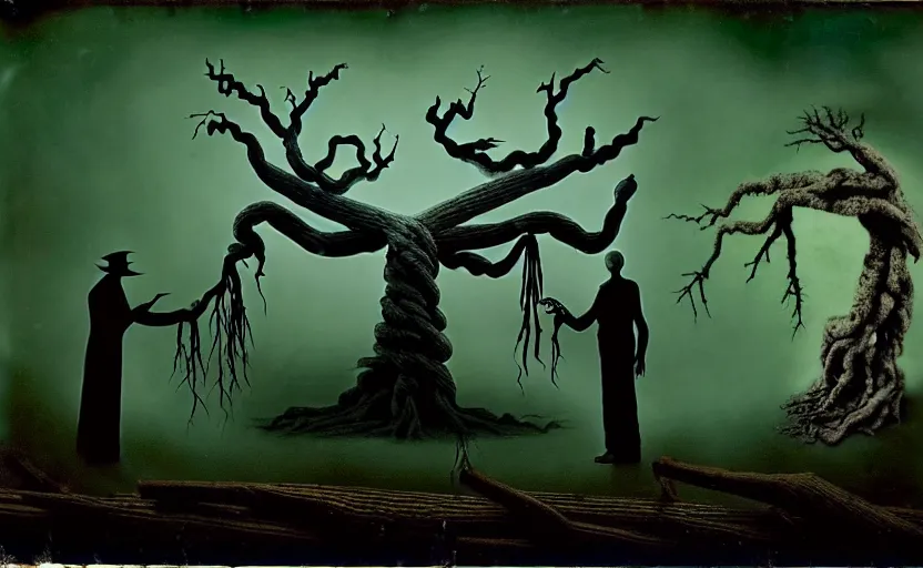 Prompt: eerie old photograph of the creation of adam in real life, a twisted tree's branches hold a man and a woman, dark green leaves, they reach toward each other, in front of a glowing rundown log cabin at night, overcast skies, dark blues, dark forest background, dark, nightmare, dreamlike, highly detailed, 4 k, 8 k, high resolution