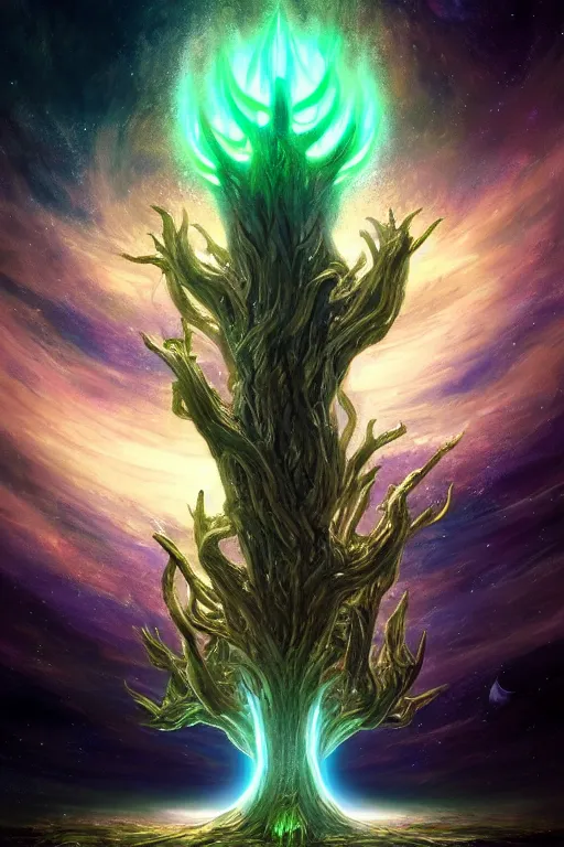 Image similar to yggdrasil as an enormous sentient deity of the stars made of exotic matter resides inside null space, a dnd illustration of an esoteric concept by cgsociety and james gurney, artstation, hdr, rtx, iridescent