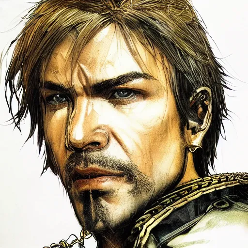 Image similar to portrait of a hero holding his sword in front of his face by yoji shinkawa, high quality, extra details, realism, ornate, colored, golden chain, blood, white skin, short hair, brown eyes, vivid, sunlight, dynamic, american man, freedom, white american soldier, ball point pen