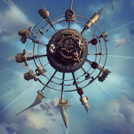 Image similar to flying city in a metal flower, sky, steampunk!!!, fantasy art, steampunk, masterpiece, octane