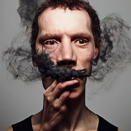 Prompt: annie liebowitz photo of a man who's head is turning into a puff of smoke