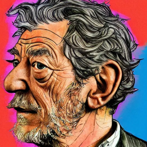 Image similar to a realistic yet scraggly portrait sketch of the side profile of a stern and sophisticated lan mckellen, trending on artstation, intricate details, colorized by lisa frank, in the style of frank auerbach, in the style of sergio aragones, in the style of martin ansin, in the style of david aja, in the style of mattias adolfsson