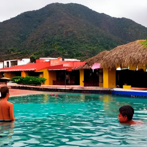 Prompt: an ajolote swimming in a pool with a quaint mexican village in the background