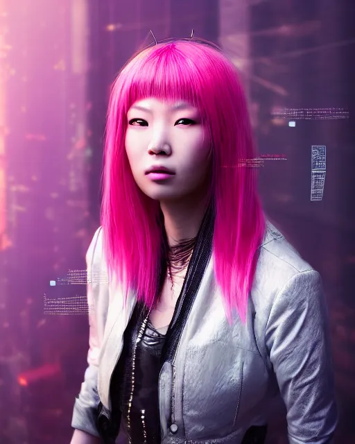 Image similar to portrait of a beautiful asian woman with pink hair as a cyberpunk cyborg, sci - fi, missing panels, intricate abstract upper body intricate artwork, concept art, octane render, deviantart, cinematic, key art, hyperrealism, iridescent accents, portrait photograph, nikon 3 5 mm, photograph by annie leibovitz and steve mccurry, greg rutkowski