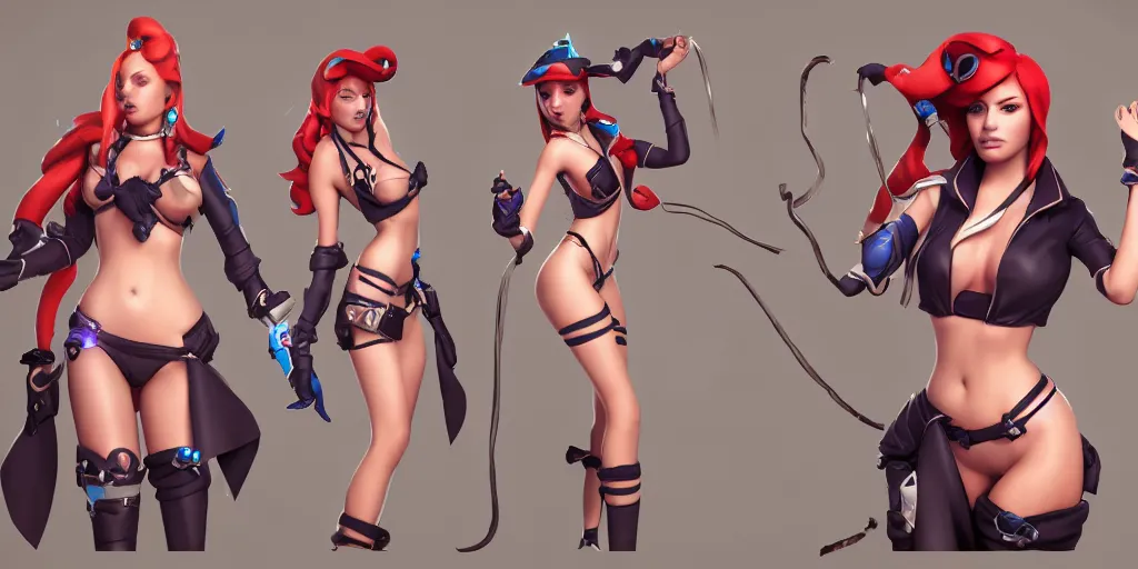 Image similar to Character sheet of pool party miss fortune (League of Legends). 3d octane render trending on artstation