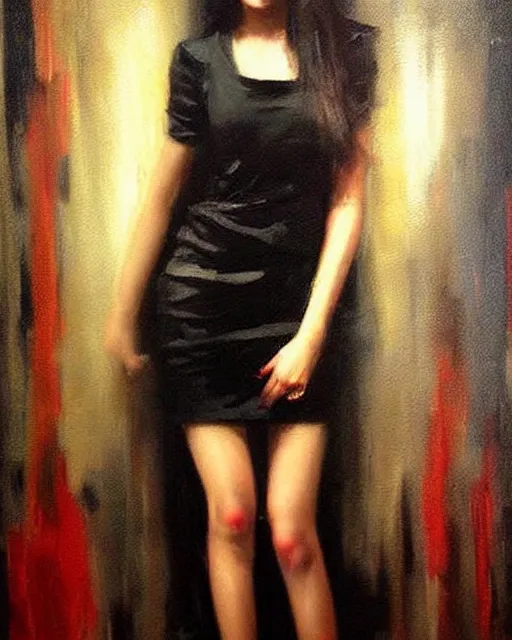 Image similar to beautiful portrait painting an gorgeous delhi girl wearing a little black dress at a nightclub, red lighting, oil painting, art by ruan jia