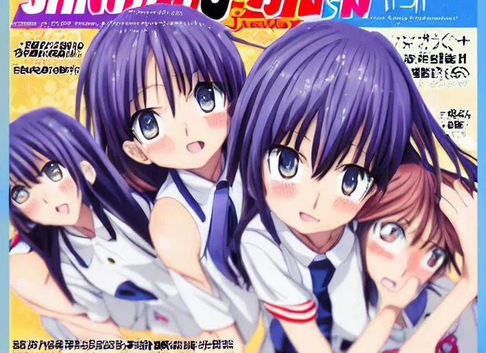 Image similar to ; weekly shonen jump issue 1 4, cover, 2 0 0 0 clannad shuffle toheart event'anime pattern of illustration japanese very very beautiful cute girls doing cute things trending on artstation pixiv makoto shinkai smiling super heterochromia detailed eyes eyebrowless symmetry face visual novel hairpin star