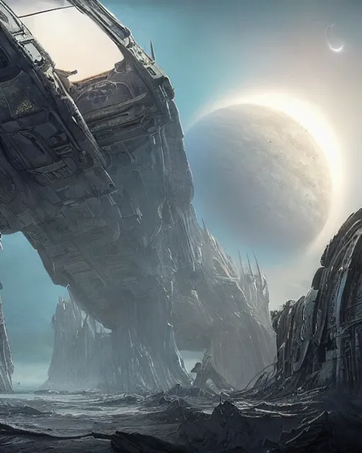 Image similar to epic concept art matte painting by weta digital, towering abandoned alien superstructure, hostile exoplanet with two moons, george lucas, mohrbacher, cgisociety