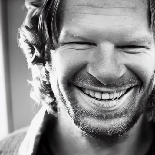 Image similar to Aphex Twin smiling, award winning photo, golden hour