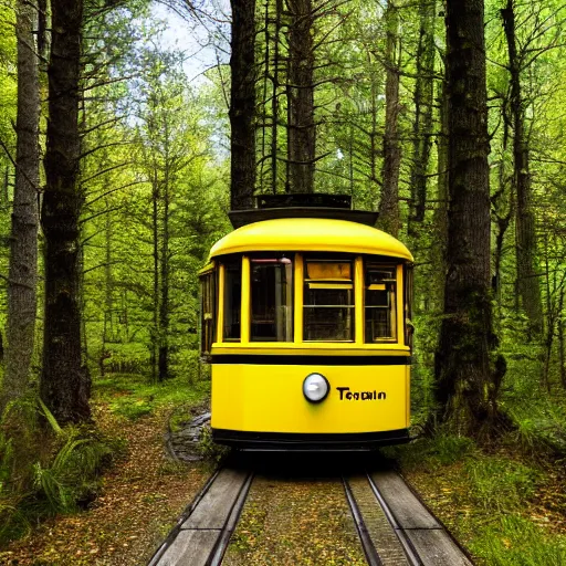 Image similar to Yellow oldschool Tram in a forest, 8k UHD, high quality, studio photo,