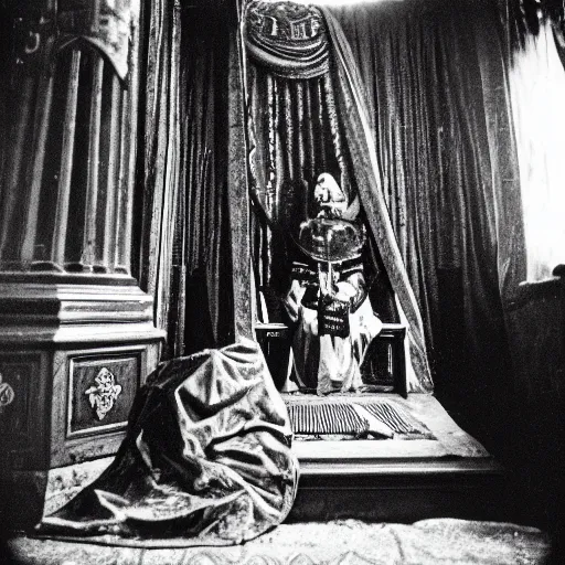 Image similar to ivan the terrible in his chamber in moscow kills the time, kodak, old photo, black and white, film, wide lens, 1 6 mm,