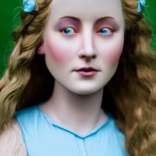 Image similar to portrait of a young lady in a light blue dress 1 9 0 0 s entire face shown in great detail, looking at the camera, full body in camera, blonde hair, garden, photorealistic, extreme detail, sharp focus, 8 k, intricate, hyper detailed, realistic, cinematic lighting