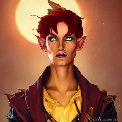 Image similar to dnd character portrait of a beautiful and androgynous half - elf with messy short red hair and catlike features and dark skin tone and yellow eyes with slit pupils, golden hour, wearing a colorful men's suit, realistic painting by tasha beckwith and ross tran and gerald brom and alphonse mucha, trending on artstation