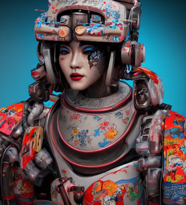 Image similar to an epic fantastic realism comic book style portrait painting of a japanese robotic geisha with kanji tattoos and decals, apex legends, octane render, intricate detail, 4 k hd, unreal engine 5