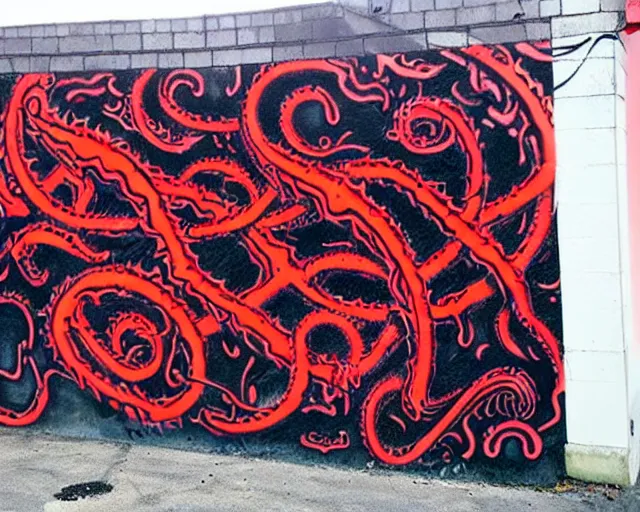 Image similar to a wall that has some lovecraftian graffiti on it inspired by wretched dragon rib cage. red and black colors.