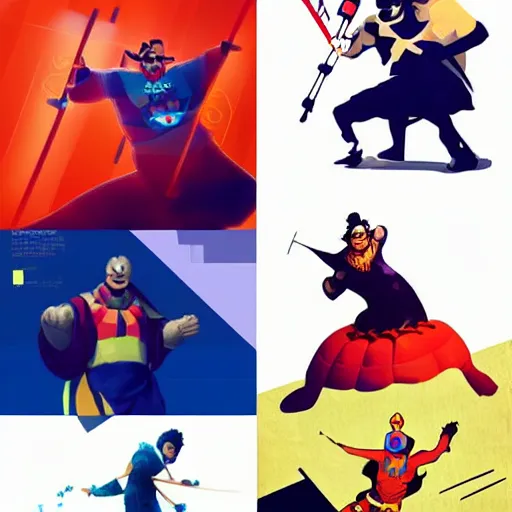 Prompt: a clown super hero, asian action movies, chinese movies, cerebral + han yan + concept art, geometric cel - shaded digital art.