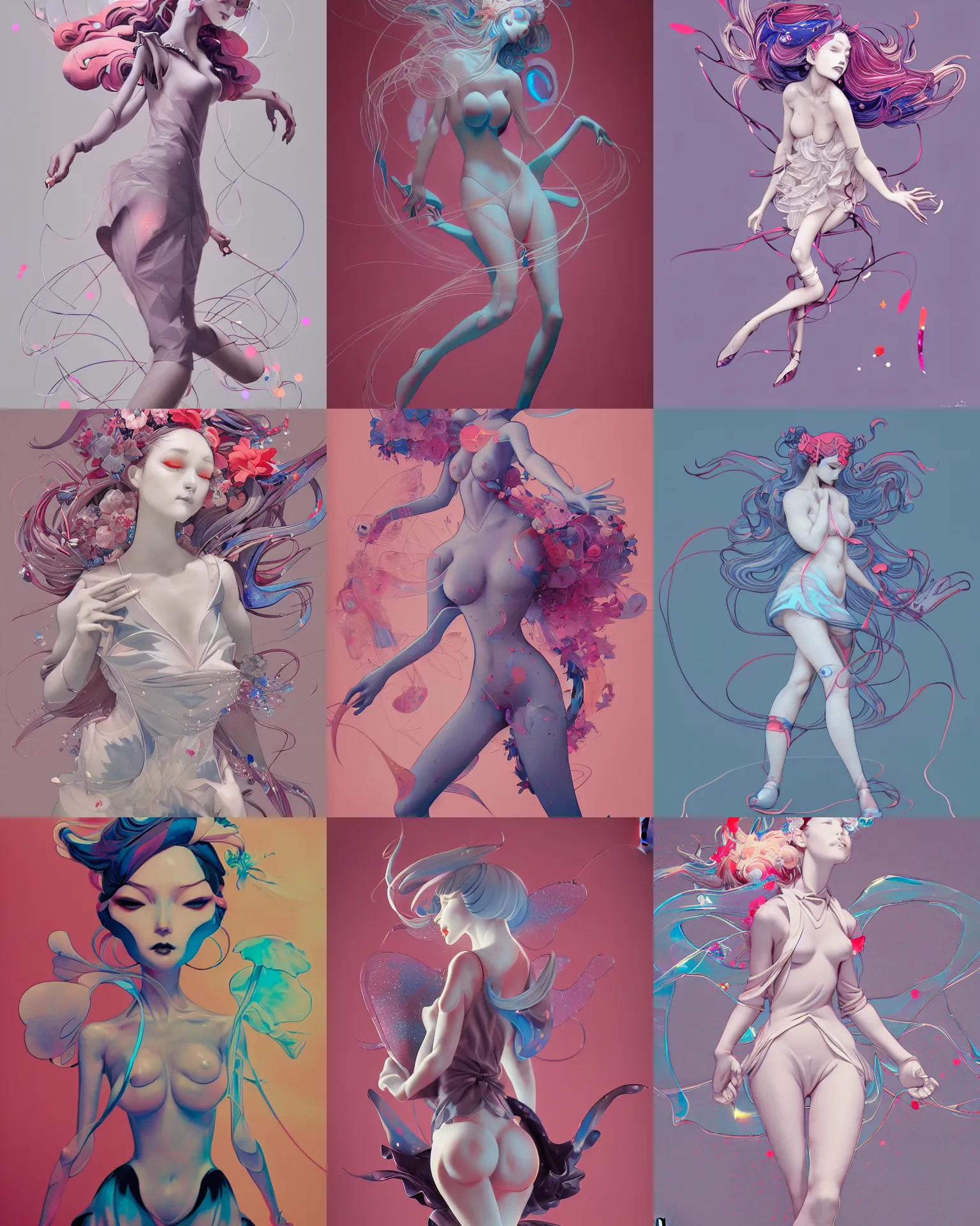Prompt: james jean isolated vinyl figure voluptuous passionate magical girl character design, figure photography, dynamic pose, holographic undertones, motion shapes color design, glitter accents on figure, anime stylized, sharp focus, accurate fictional proportions, high delicate defined details, ethereal lighting, editorial awarded
