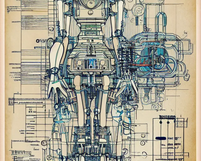 Image similar to a full page of a mechanical blueprint showing a cutaway design for a mechanized woman robot, muted colors, post grunge, studio ghibli, hq,