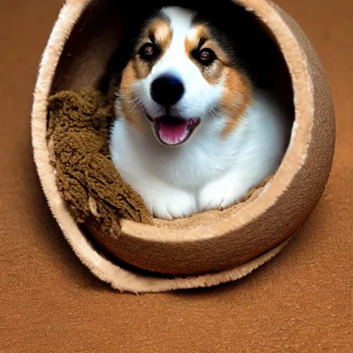 Image similar to corgi sleeping in an egg, realistic photography, high detailed