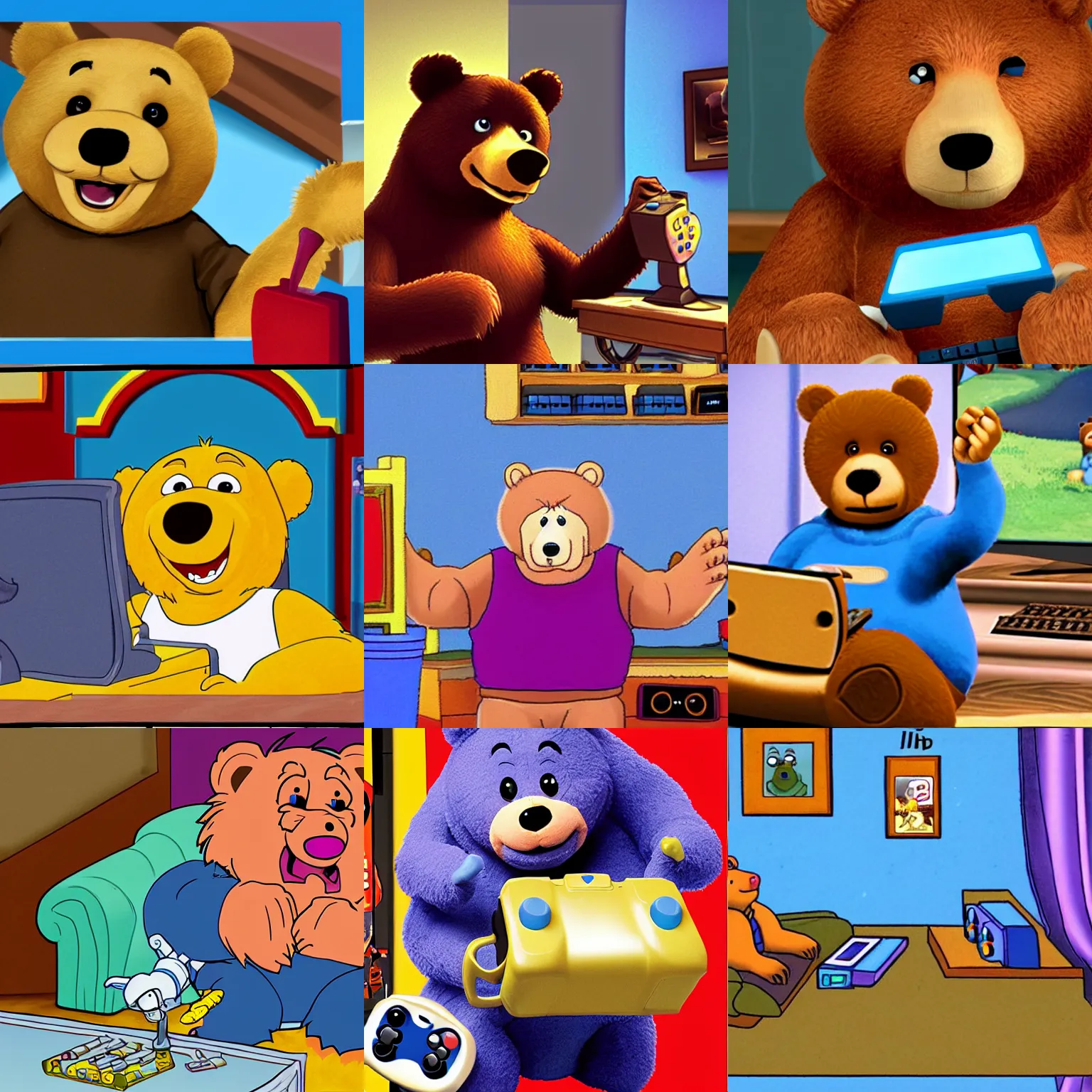 Prompt: bear from bear in the big blue house playing a video game, cartoon