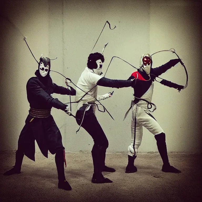 Image similar to “two jesters, fencing, with superpowers, realistic, movie set”