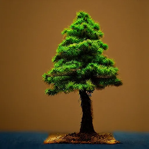 Image similar to “ hd photograph of a miniature 3 d pine tree model made of digital pixels ”