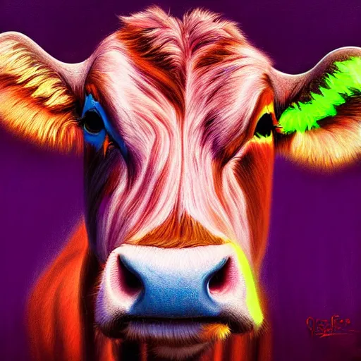 Image similar to digital painting of a guernsey cow by filipe pagliuso and justin gerard, symmetric, neon colours, highly, detailed, realistic, intricate