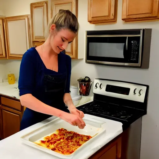 Image similar to hailey williams cooking lasagna in the kitchen