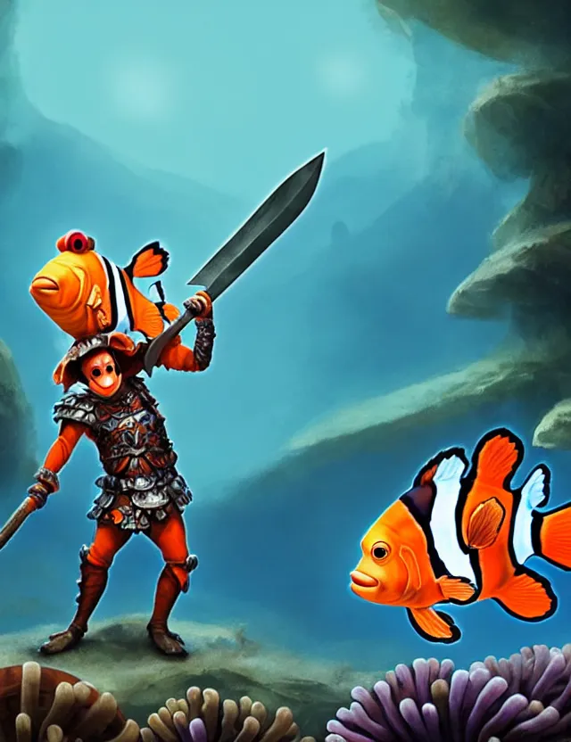 Prompt: a bipedal clownfish that is wearing full iron plate armor, and holding a colossal sword, over his shoulder, as a matte oil painting and d & d character art, standing, fullbody, bubbles, anemone, tall kelp, award - winning, extremely detailed, sharp focus