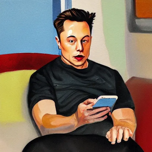 Prompt: a beautiful complex painting of elon musk sitting down and using his phone the back home is a window of the outside