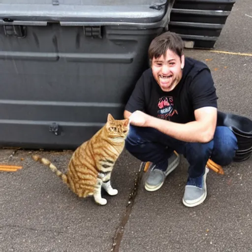 Prompt: Action photo of a happy guy wearing black casual clothes in his late 20's holding a skinny tabby cat next to a garbage dumpster