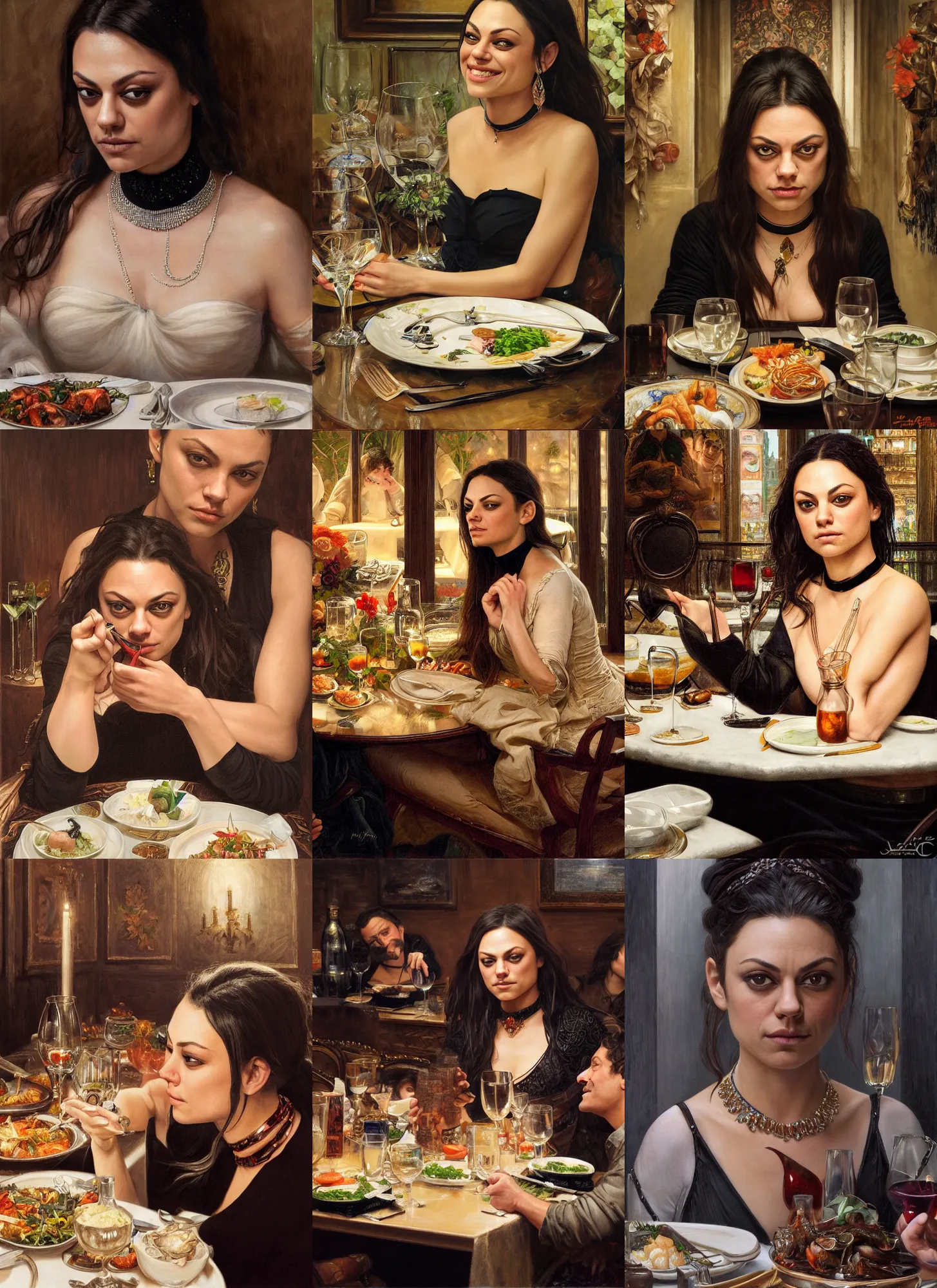 Prompt: dinner with mila kunis laughing sitting across the camera wearing a black choker staring into the camera in an expensive restaurant, point of view, intricate, elegant, tasteful, highly detailed, shallow depth of field, artgerm, donato giancola, joseph christian leyendecker