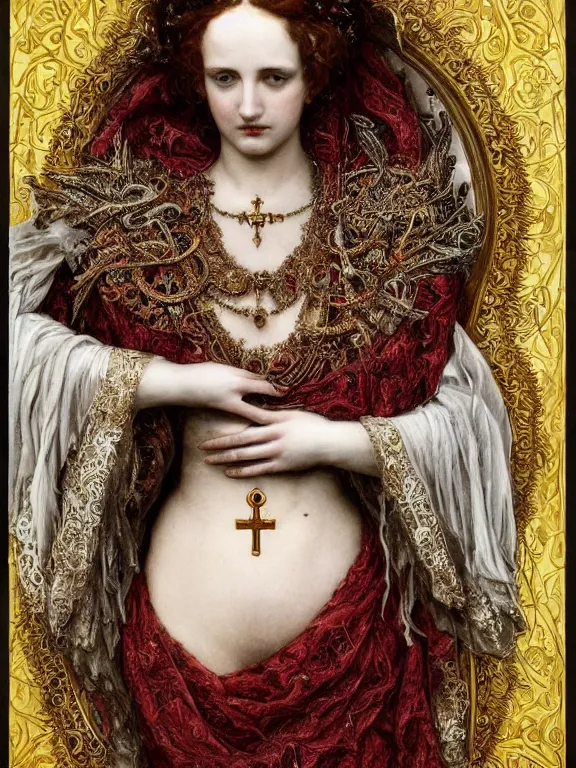 Image similar to a beautiful render of a catholic veiled red queen with symmetry intricate detailed ,heart sculpture,by Lawrence Alma-Tadema,,aaron horkey,Billelis,trending on pinterest,hyperreal,jewelry,gold,intricate,maximalist,glittering,golden ratio,cinematic lighting