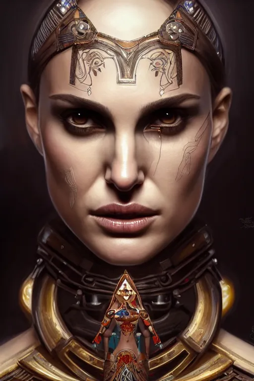 Image similar to symmetry!! portrait of natalie portman in the style of god of war, machine parts embedded into face, intricate, elegant, highly detailed, digital painting, artstation, concept art, smooth, sharp focus, illustration, art by artgerm and greg rutkowski and alphonse mucha, 8 k