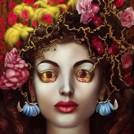 Image similar to dynamic composition, a painting of woman with hair of ( summer flowers )!! and vines wearing ornate earrings, ornate gilded details, a surrealist painting by tom bagshaw and jacek yerga and tamara de lempicka and jesse king, featured on cgsociety, pop surrealism, surrealist, dramatic lighting, wiccan, pre - raphaelite