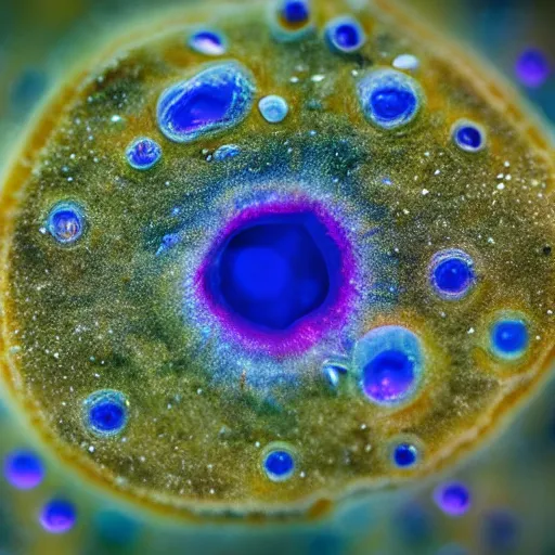 Prompt: amoeba eating infusoria, beautiful macro photography, cold ambient light