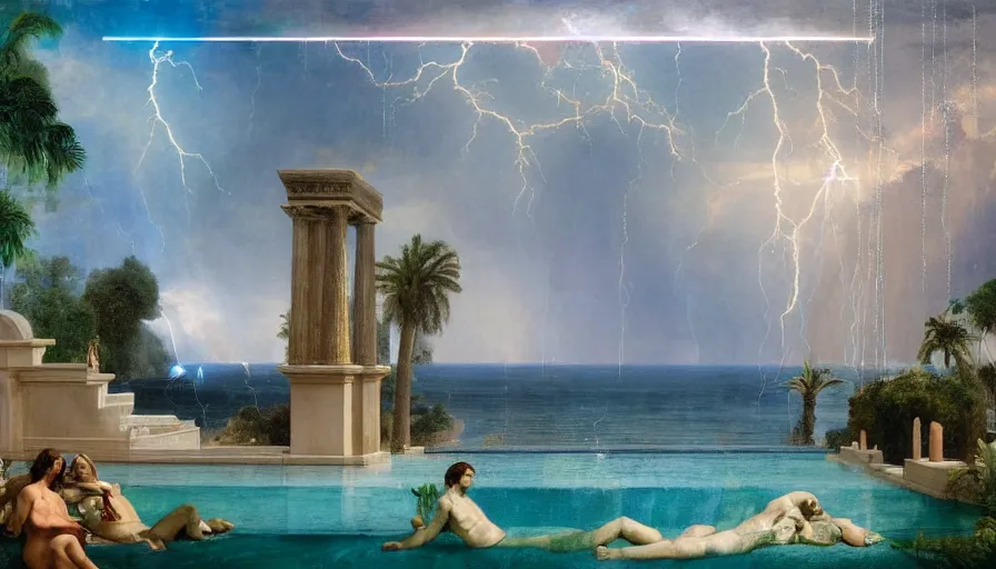 Image similar to From Inside the giant Palace, mediterranean balustrade and columns, refracted line and sparkles, thunderstorm, greek pool, beach and Tropical vegetation on the background major arcana sky and occult symbols, by paul delaroche, hyperrealistic 4k uhd, award-winning, very detailed paradise