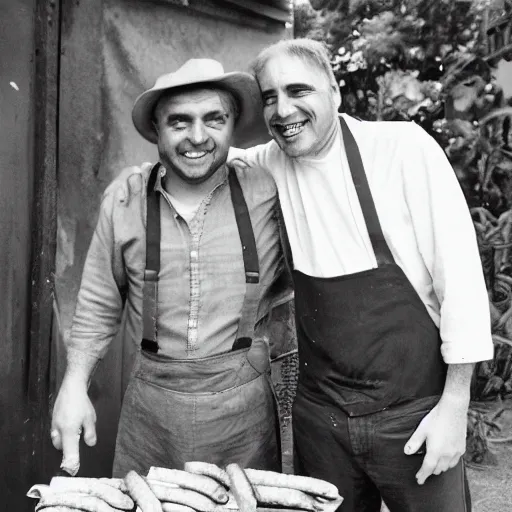 Prompt: a Kodak shot of two old brothers with white butcher clothes hug each other looking at the camera and holding a choripan, black and white, low fidelity