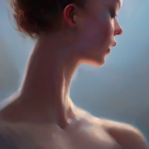 Prompt: beautiful aesthetic inspirational digital oil painting of a close - up ballerina, by greg rutkowski, ultra detailed, fine details, trending on artstation, volumetric light.