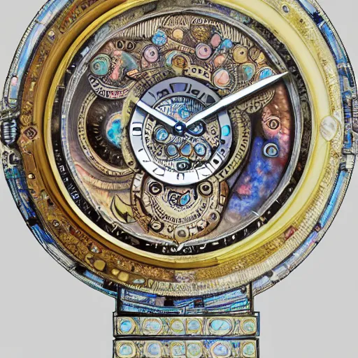 Image similar to detailed illustration of celestial watch from the far future with infinite dials, mother of pearl opal, year 2 5 0 0, style of norman rockwell