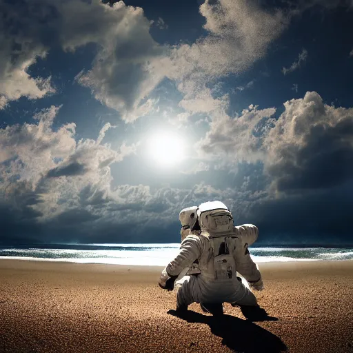 Image similar to an astronaut relaxing on the beach, dramatic lighting, cinematic, extremly high detail, photorealistic, cinematic lighting, nasa footage