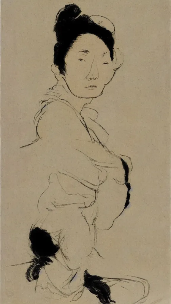 Prompt: Maggie Cheung, portrait en buste, by Henri Tolouse-Lautrec