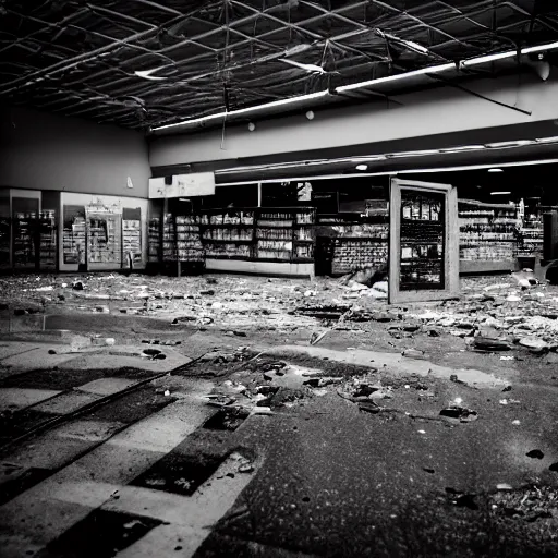 Prompt: a ransacked grocery store, broken signs, filthy flooring. Vines growing. Dystopian. Grainy. Award-winning photo. Sigma 40mm f/1.4 DG HSM