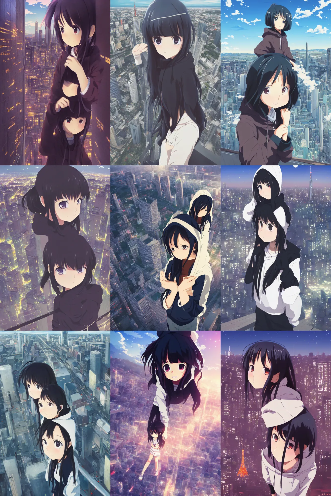 Prompt: anime visual, portrait of a young black haired girl wearing hoodie sightseeing above the urban city, guardrail, cute face by yoh yoshinari, katsura masakazu, dramatic lighting, dynamic perspective, strong silhouette, ilya kuvshinov, anime cels, 1 8 mm lens, fstop of 8, rounded eyes, moody, detailed