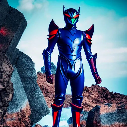 Prompt: High Fantasy Kamen Rider walking in a rock quarry, single character full body, 4k, glowing eyes, daytime, rubber suit, dark blue with red secondary color dragon inspired segmented armor made out of pvc, tokusatsu, ultra realistic, vibrant colors, Fabian Wagner Cinematography