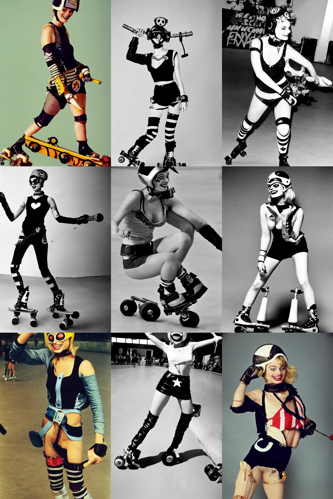 Prompt: Margot Robbie as tank girl, roller derby skating, wearing roller derby helmet, winking, roller skating, 1960s, by Jamie Hewlett